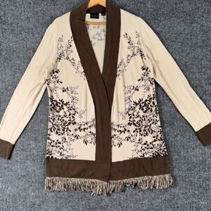 Tribal Womens Small Cardigan Sweater Boho Fringe Open Knit Brown Beige‎ Floral